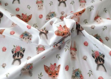 Luna Biostoff verspielter Jersey mit Waldtieren und Blumenkränzen weiss